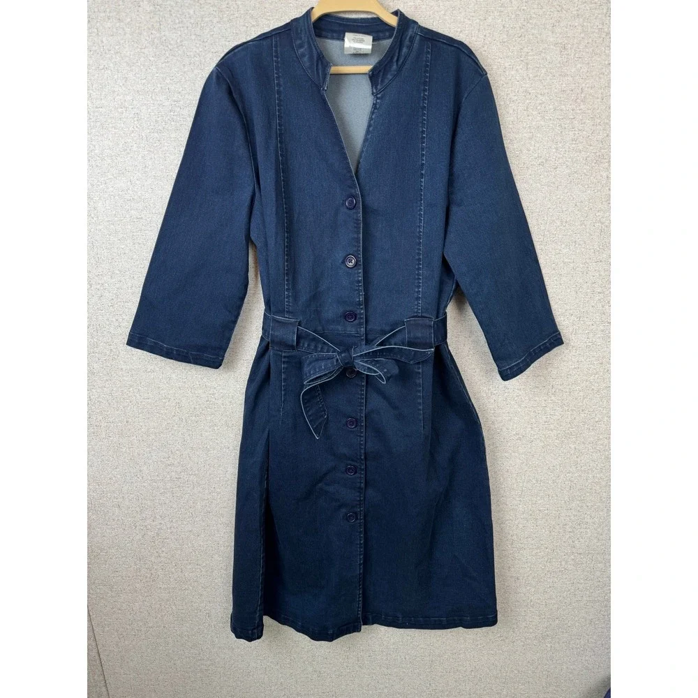 Vintage y2k Bedford Fair Dark Wash Denim Dress Size 14 Belted Button Front - Picture 1 of 5